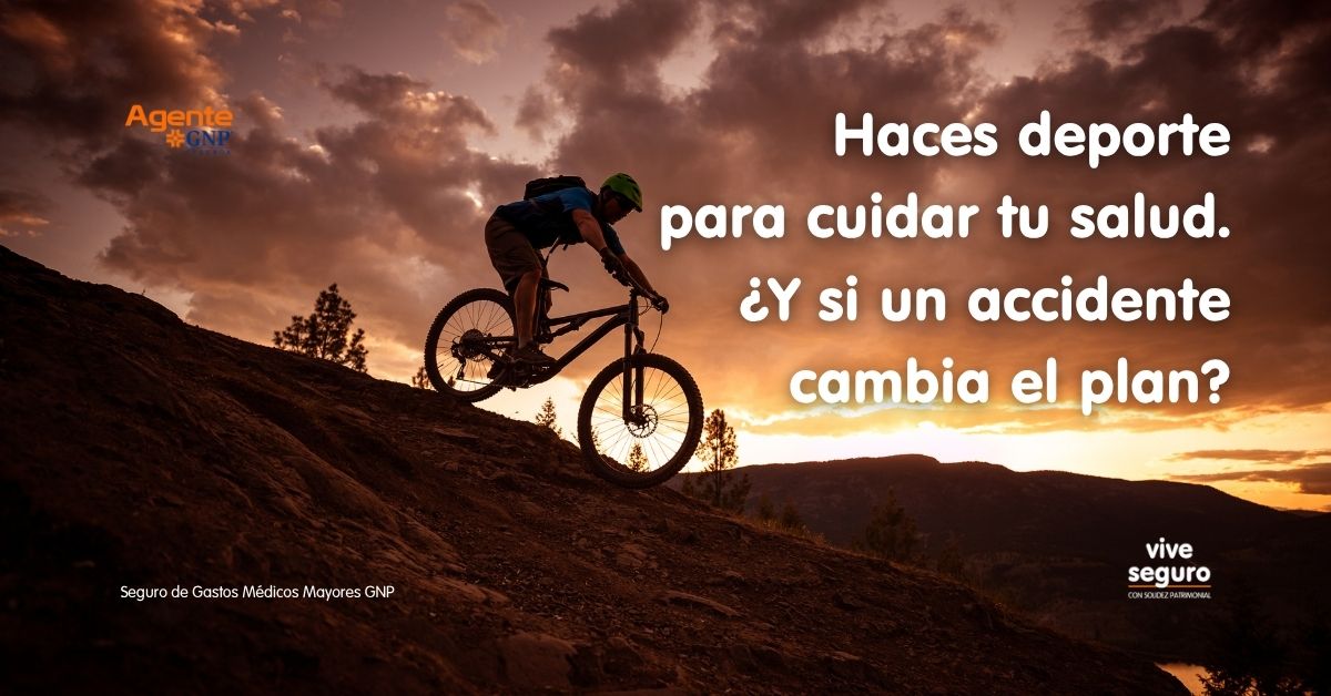 Ciclista de montaña practicando deporte al atardecer, imagen sobre Seguro de Gastos Médicos Mayores GNP en Morelia y accidentes deportivos.